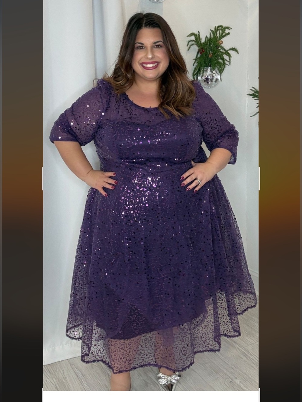 Plus Size Purple Sequin A-Line Long Sleeve Dress